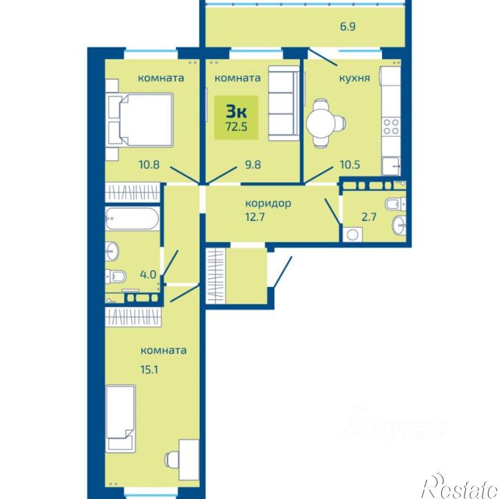 3-комн квартира в новом доме улица Гашкова, 59,  д. 59