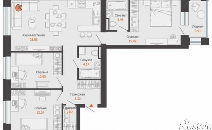 3-комн квартира в новом доме улица Дзержинского, 35,  д. 35
