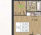 1-комн, 30кв м, этаж 4/4 улица Борцов Революции, 1А к6