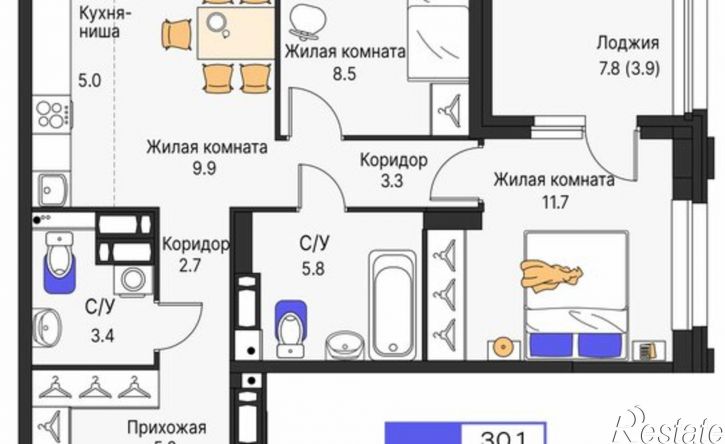 3-комн квартира в новом доме улица Василия Татищева, 3,  д. 3