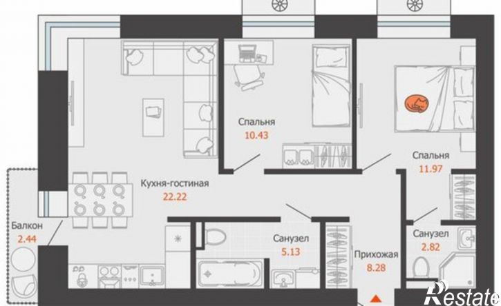 2-комн квартира в новом доме микрорайон Камская Долина, ЖК Пятый элемент