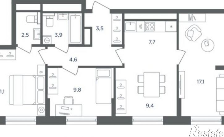 3-комн квартира в новом доме Рязанская улица, 120А,  д. 120А