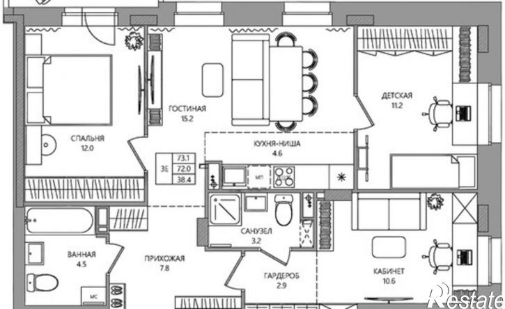 3-комн квартира в новом доме Самолётная улица, 7А,  д. 7А