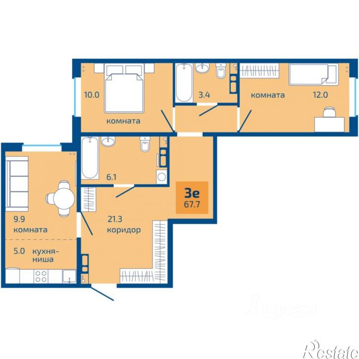 3-комн квартира в новом доме Целинная улица, 59 к2,  д. 59 к2
