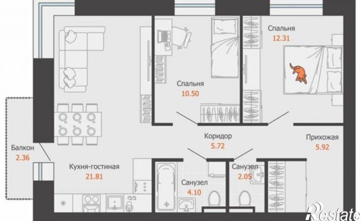 2-комн квартира в новом доме микрорайон Камская Долина, ЖК Пятый элемент