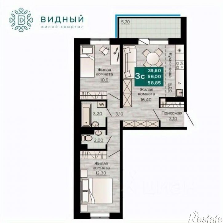 3-комн квартира в новом доме Кавказская улица, 13