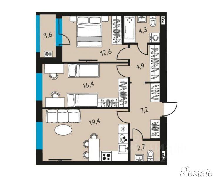 3-комн квартира в новом доме ул Пушкина, 89А 2,  д. 89А 2,  к. 2