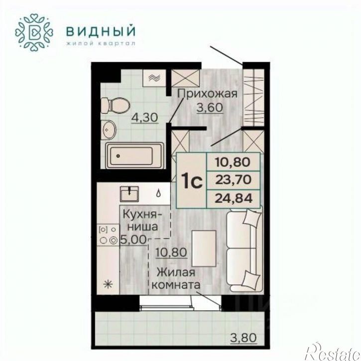 1-комн квартира в новом доме Кавказская улица, 13
