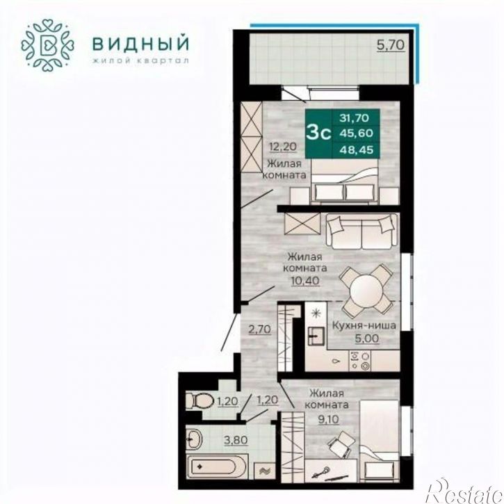 3-комн квартира в новом доме Кавказская улица, 13